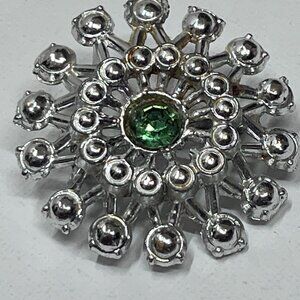 Vintage Green Rhinestone Silver Sunburst Brooch